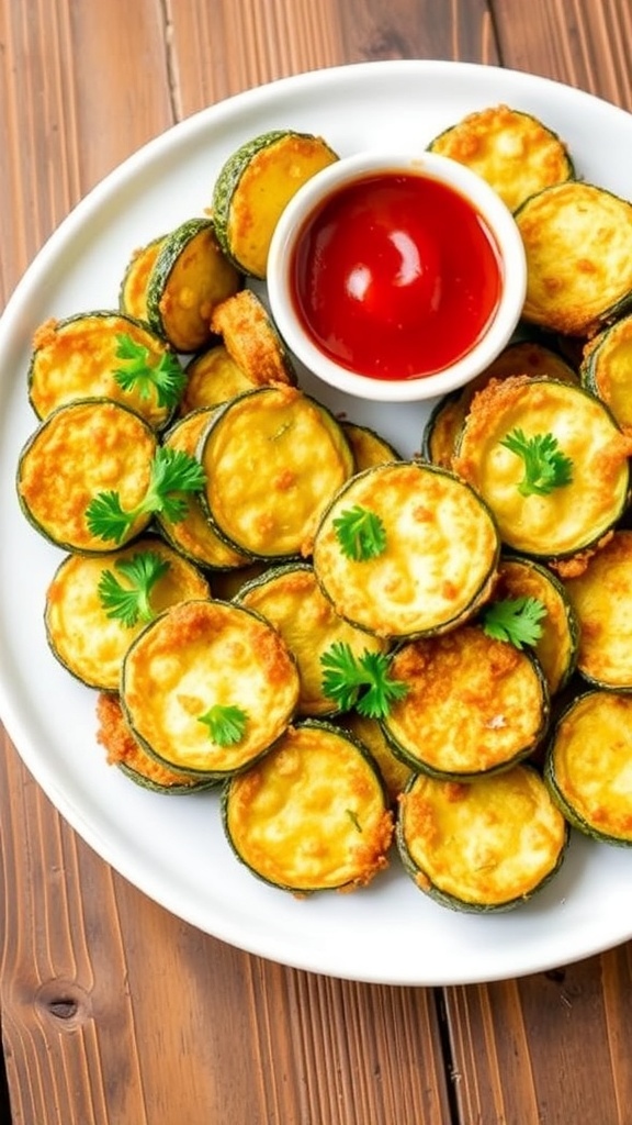 Crispy air fryer zucchini slices served with marinara sauce on a rustic wooden table.